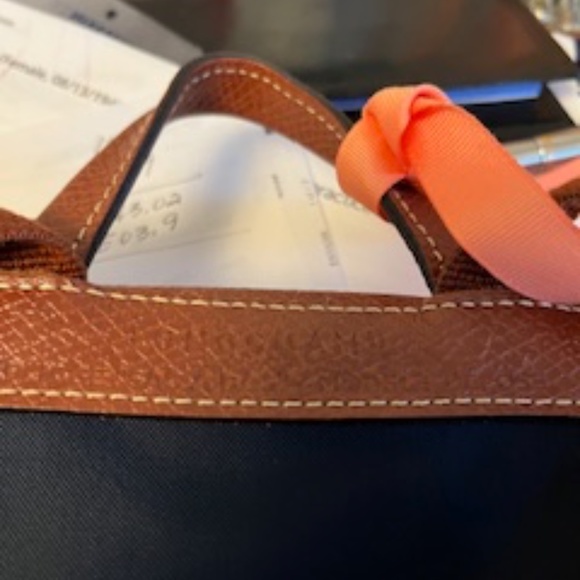 Longchamp Navy Le Pliage Backpack with brown flap and handles - Picture 5 of 5